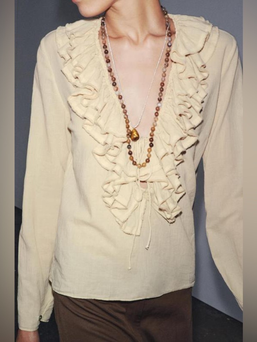 Zara Ruffled Tie-Front Women's Top in Beige